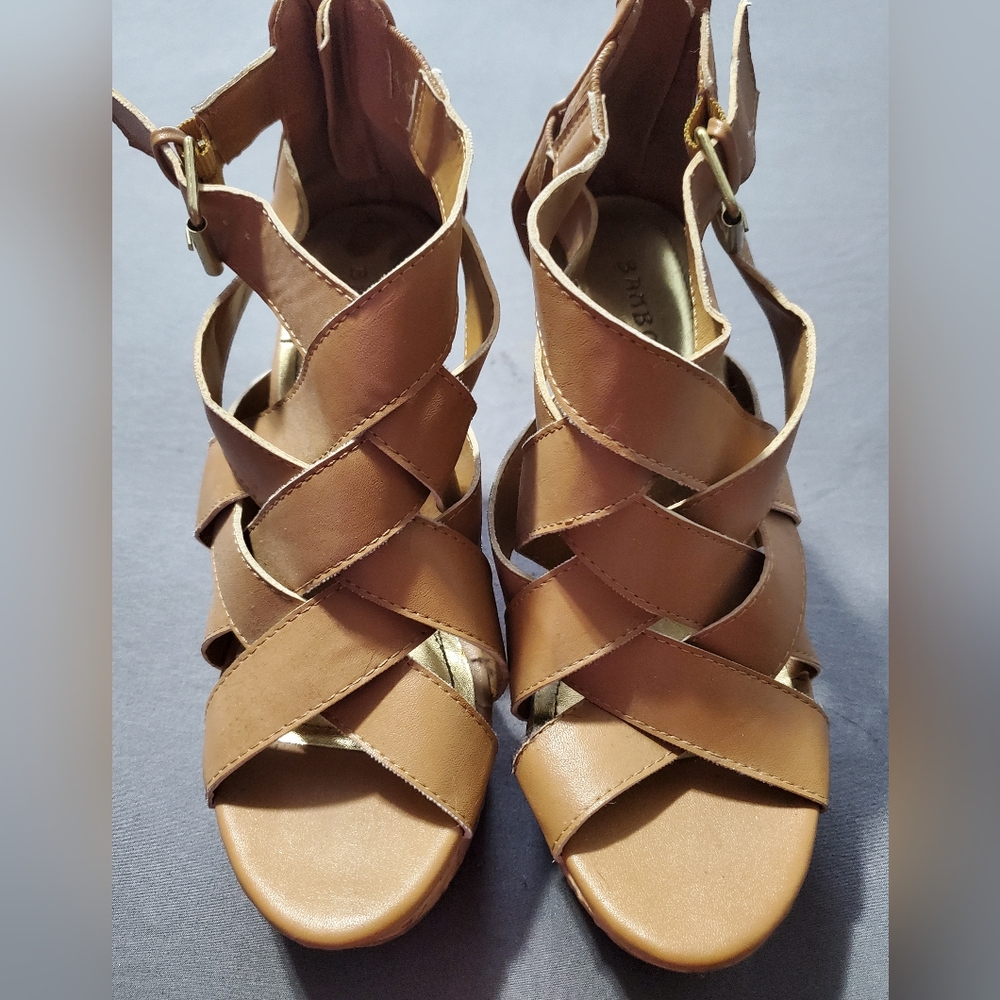Tall Heel Leather Wedges, Tan Sz 7
